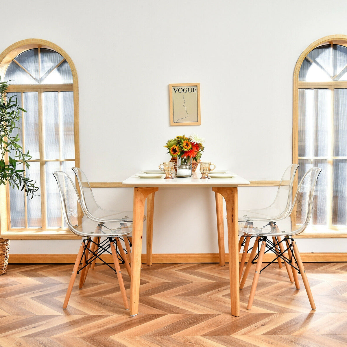 Set of 4 Dining Chairs Modern Plastic Shell Side Chair with Clear Seat and Wood Legs-Natural-Dining Chairs-DECOROLALA