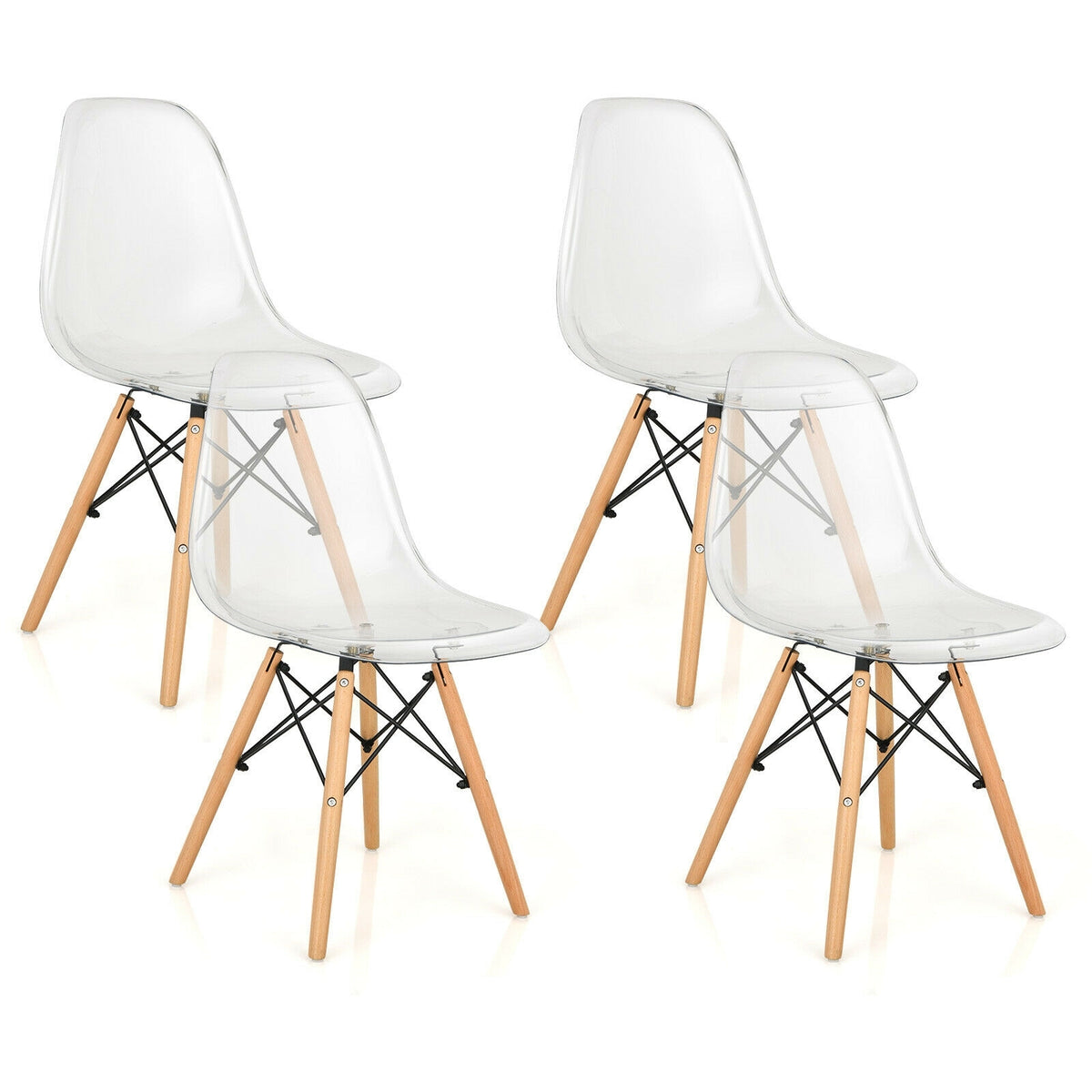 Set of 4 Dining Chairs Modern Plastic Shell Side Chair with Clear Seat and Wood Legs-Natural-Dining Chairs-DECOROLALA