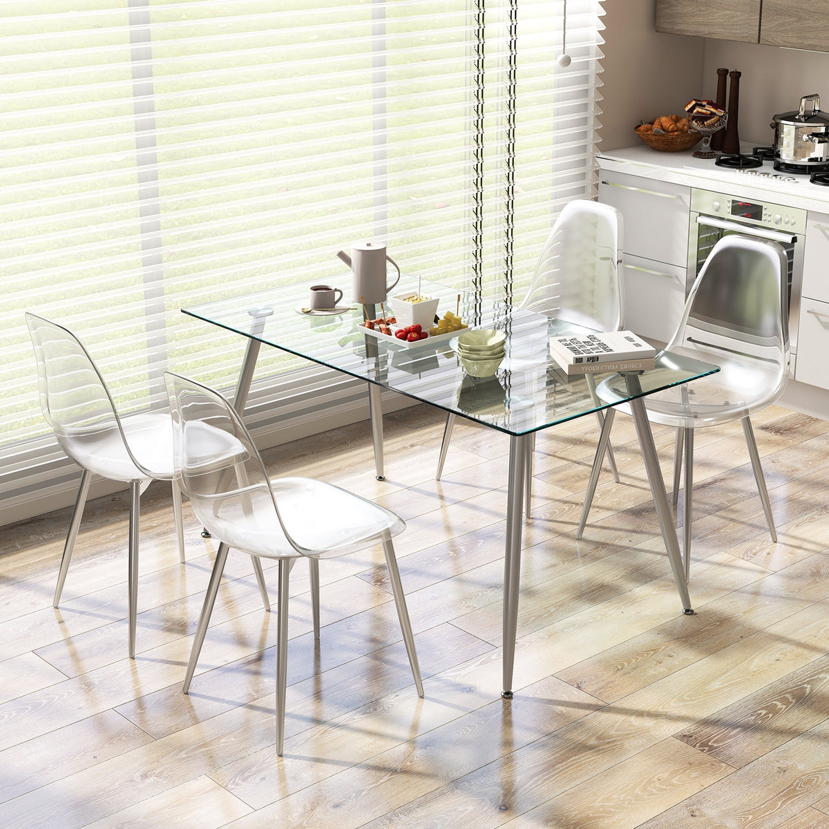 Set of 4 Dining Chairs Modern Plastic Shell Side Chair with Clear Seat and Wood Legs-Silver-Dining Chairs-DECOROLALA