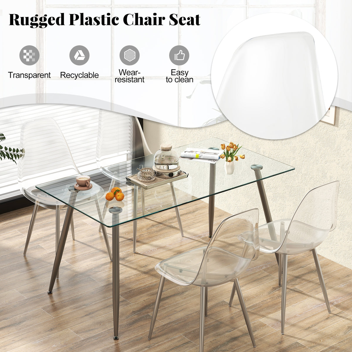 Set of 4 Dining Chairs Modern Plastic Shell Side Chair with Clear Seat and Wood Legs-Silver-Dining Chairs-DECOROLALA