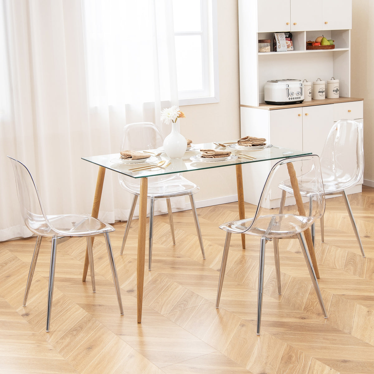 Set of 4 Dining Chairs Modern Plastic Shell Side Chair with Clear Seat and Wood Legs-Silver-Dining Chairs-DECOROLALA