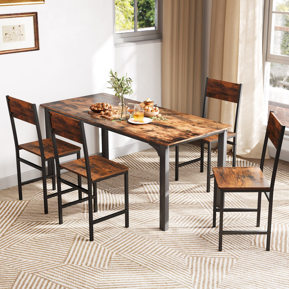 Set of 4 Dining Chairs with Metal Legs and Slanted Back-Rustic Brown-Dining Chairs-DECOROLALA