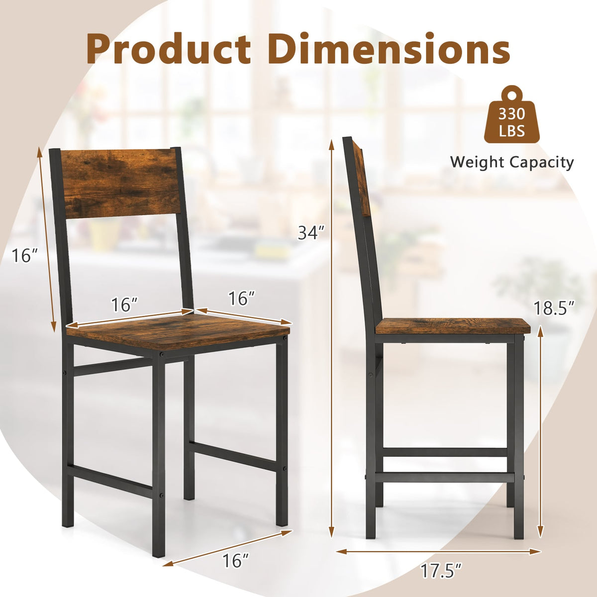 Set of 4 Dining Chairs with Metal Legs and Slanted Back-Rustic Brown-Dining Chairs-DECOROLALA