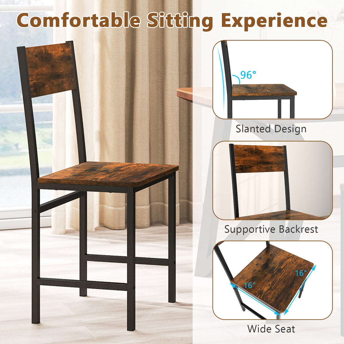 Set of 4 Dining Chairs with Metal Legs and Slanted Back-Rustic Brown-Dining Chairs-DECOROLALA