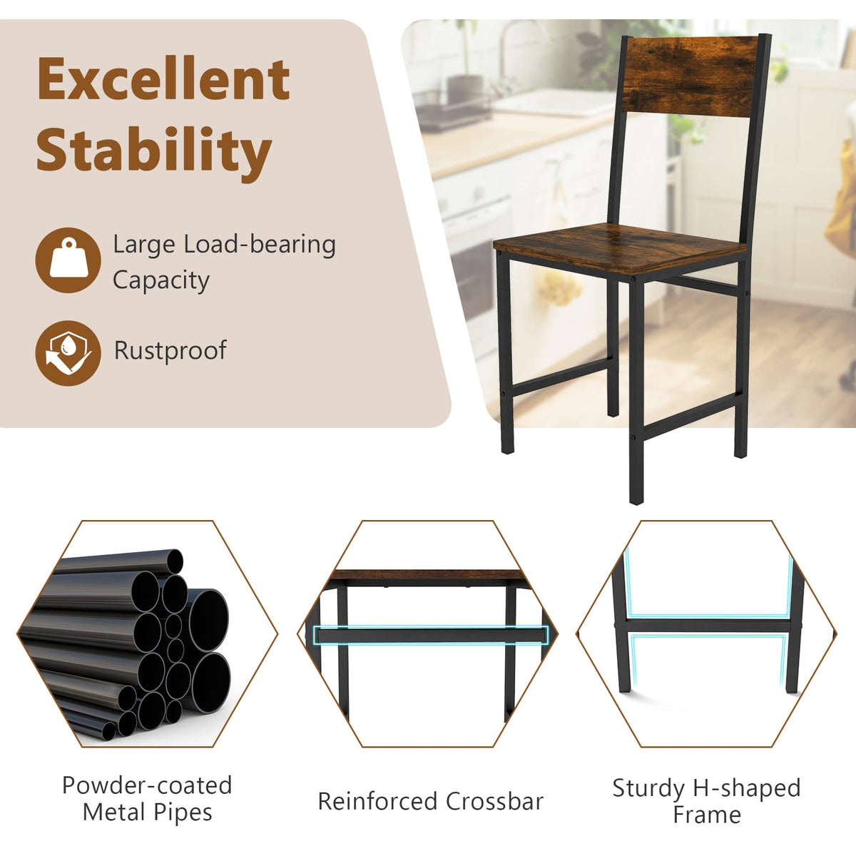 Set of 4 Dining Chairs with Metal Legs and Slanted Back-Rustic Brown-Dining Chairs-DECOROLALA