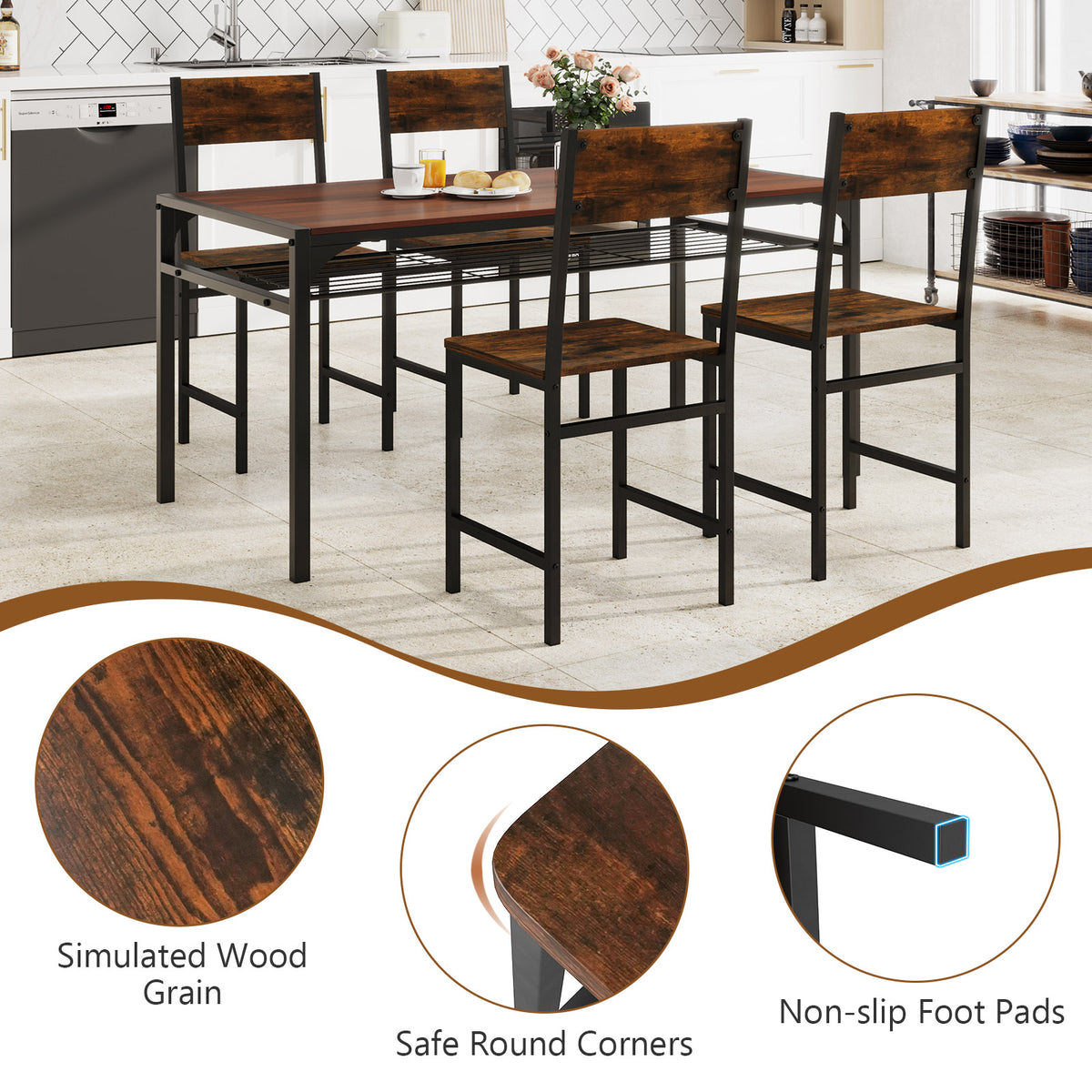 Set of 4 Dining Chairs with Metal Legs and Slanted Back-Rustic Brown-Dining Chairs-DECOROLALA