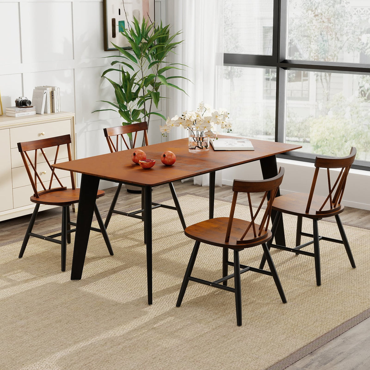 Set of 4 Dining Chairs with Rubber Wood Frame and Curved Cross Back-Dark Brown-Dining Chairs-DECOROLALA
