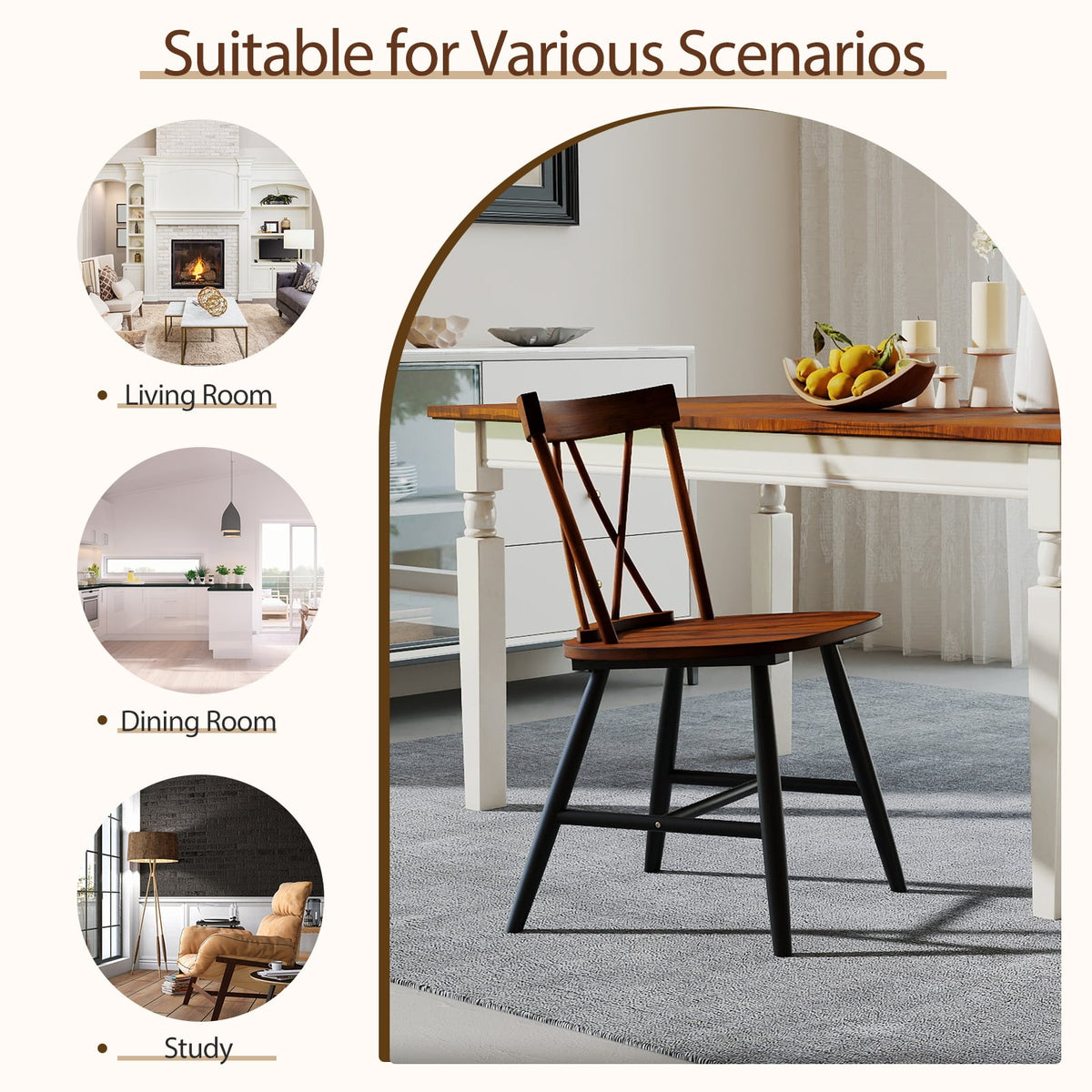 Set of 4 Dining Chairs with Rubber Wood Frame and Curved Cross Back-Dark Brown-Dining Chairs-DECOROLALA