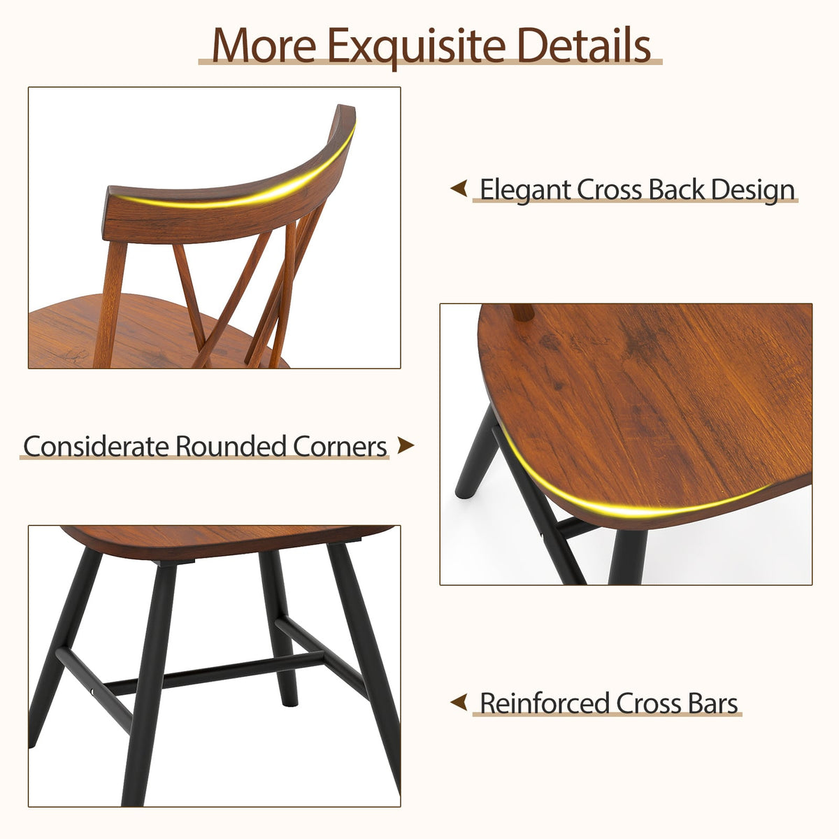 Set of 4 Dining Chairs with Rubber Wood Frame and Curved Cross Back-Dark Brown-Dining Chairs-DECOROLALA