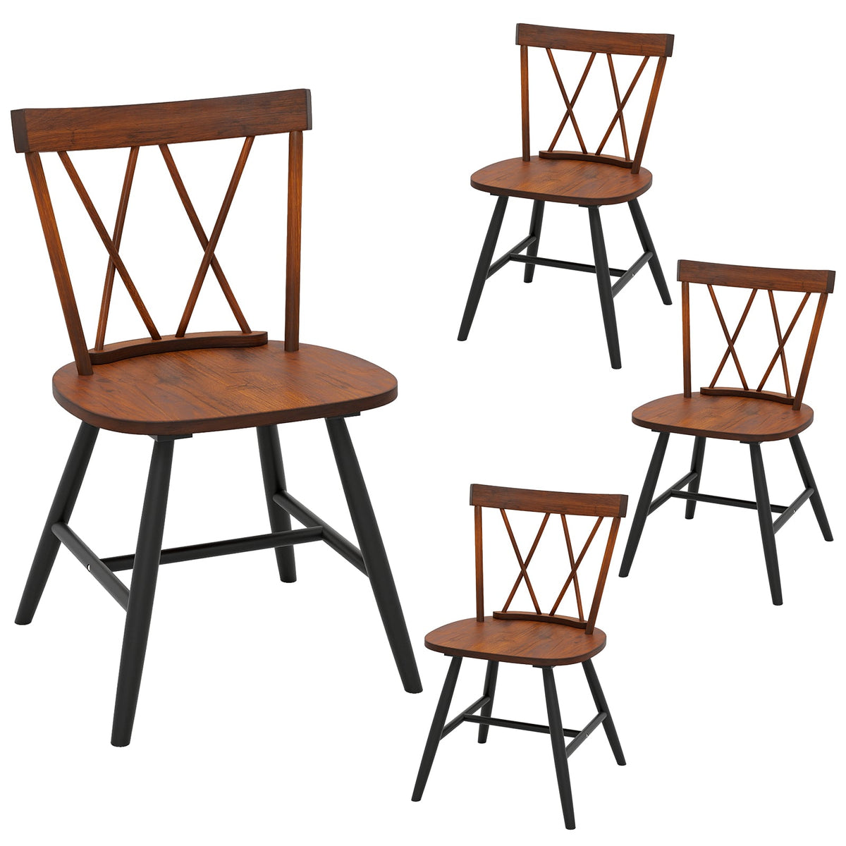 Set of 4 Dining Chairs with Rubber Wood Frame and Curved Cross Back-Dark Brown-Dining Chairs-DECOROLALA