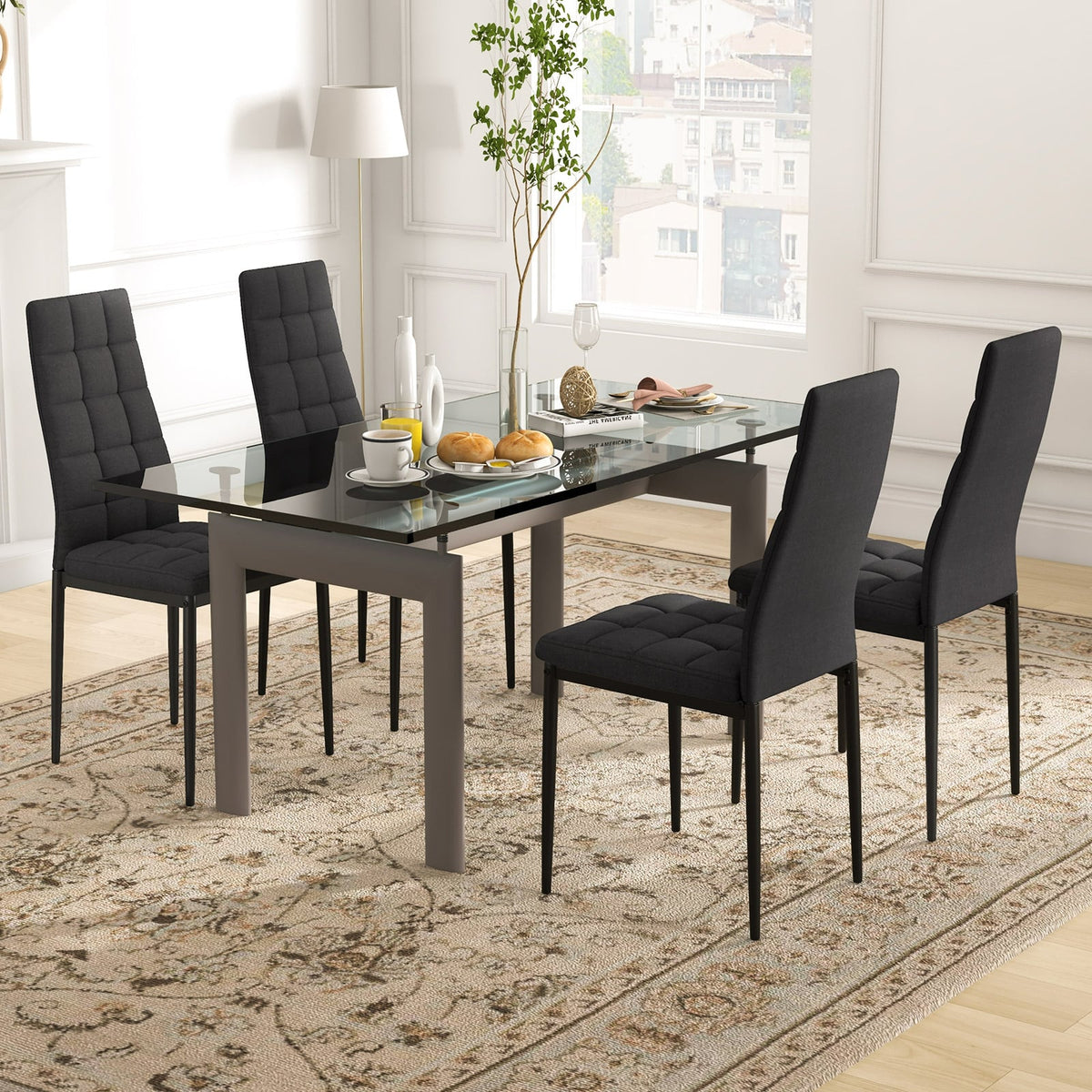 Set of 4 Fabric Dining Chairs Set with Upholstered Cushion and High Back-Dining Chairs-DECOROLALA