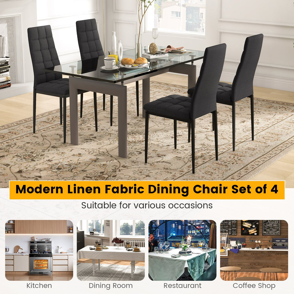 Set of 4 Fabric Dining Chairs Set with Upholstered Cushion and High Back-Dining Chairs-DECOROLALA