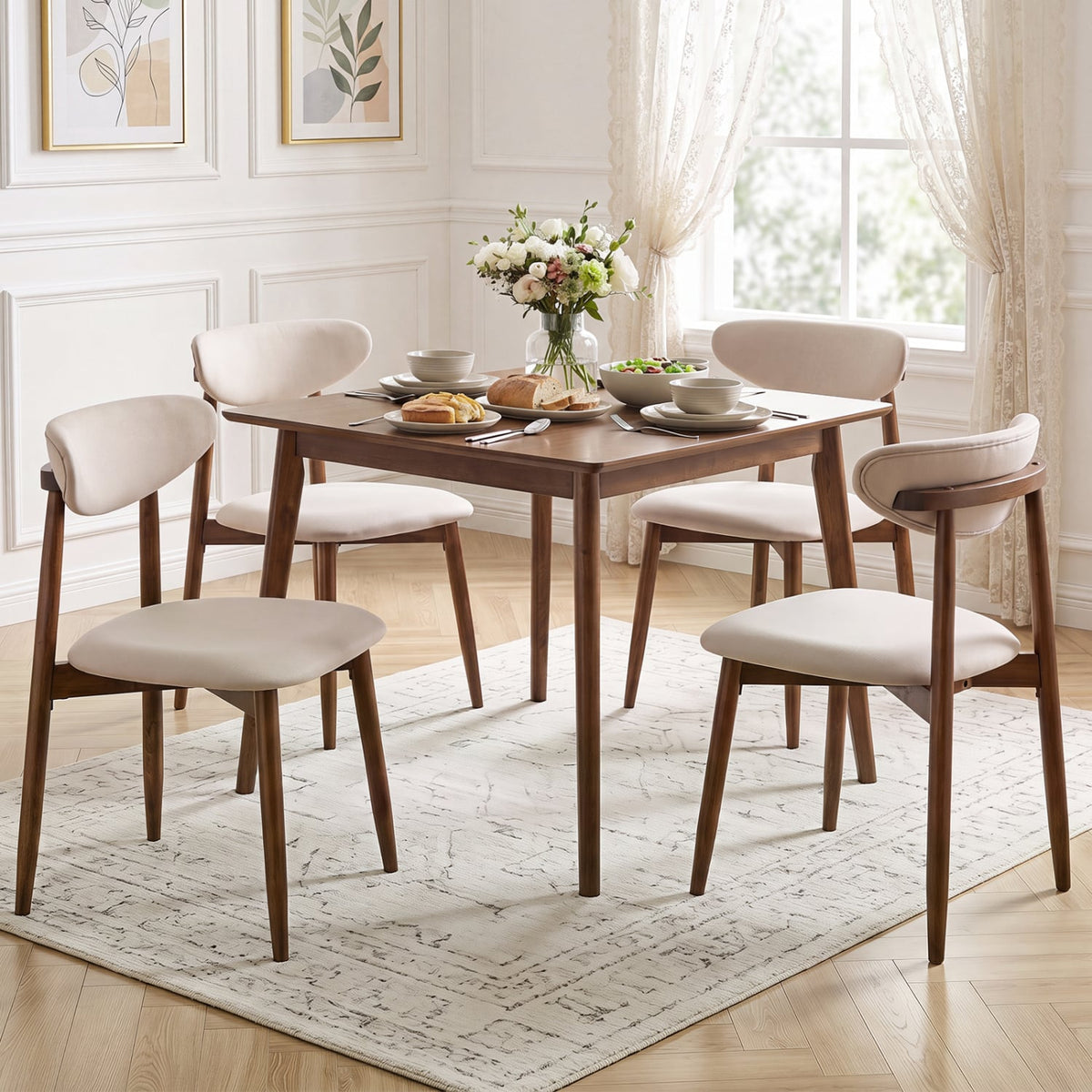 Set of 4 Fabric Upholstered Dining Chairs with Curved Backs-Beige-Dining Chairs-DECOROLALA