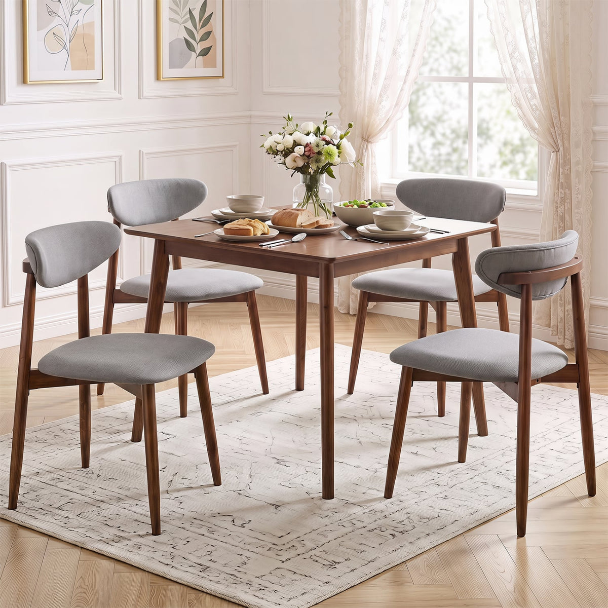 Set of 4 Fabric Upholstered Dining Chairs with Curved Backs-Gray-Dining Chairs-DECOROLALA