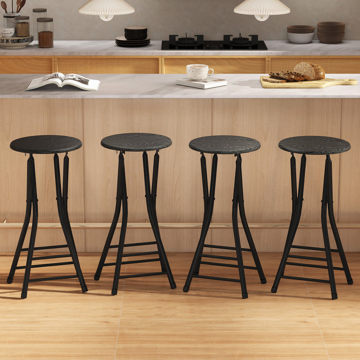 Set of 4 Foldable Barstools - Black 24" Counter Height-Home Furnishings > Kitchen & Dining Furniture > Bar Stools-DECOROLALA