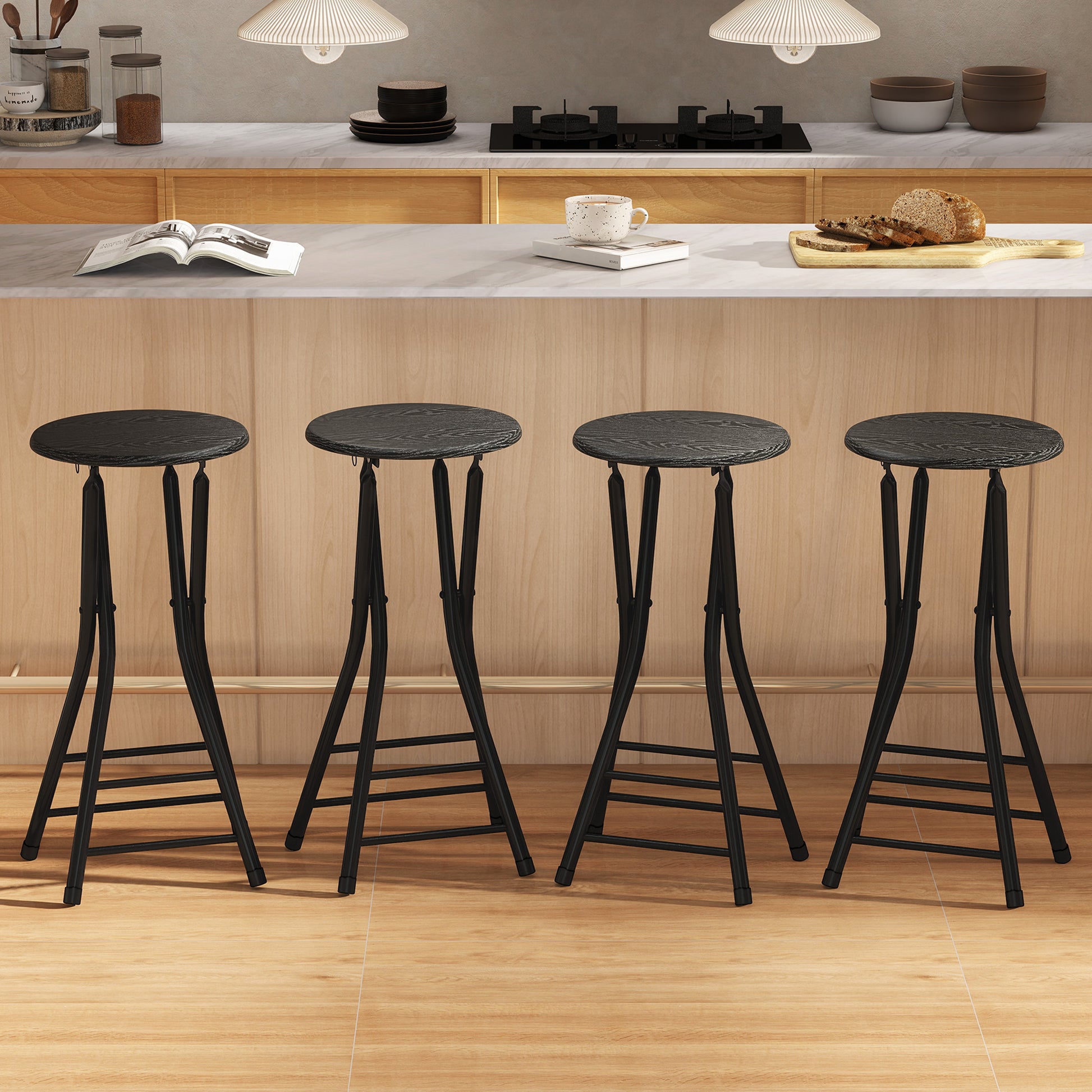 Set of 4 Foldable Barstools, Counter Height Bar Stools with Footrest and Steel Legs for Kitchen Island, Black-Home Furnishings > Kitchen & Dining Furniture > Bar Stools-DECOROLALA