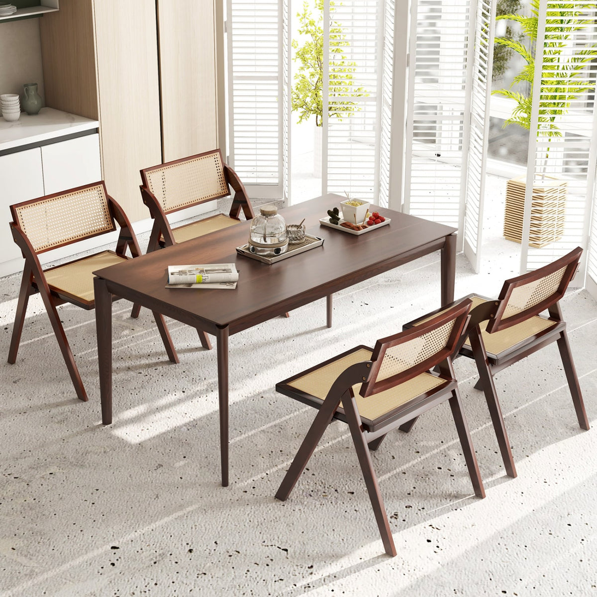 Set of 4 Foldable Dining Chairs with Woven Rattan Backrest-Brown-Dining Chairs-DECOROLALA