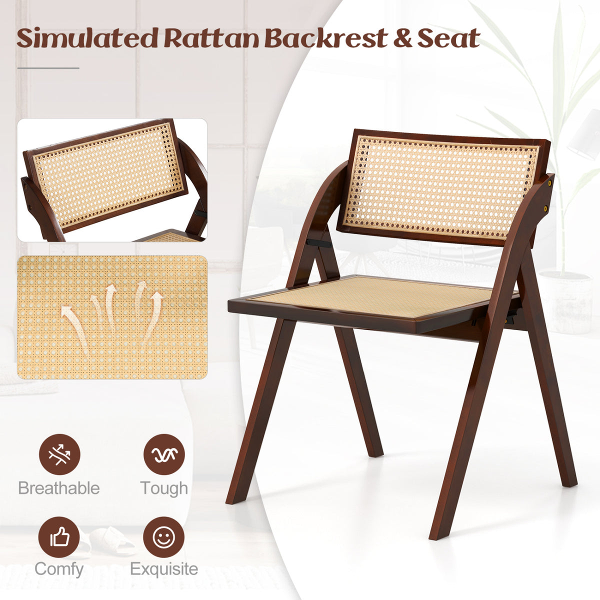 Set of 4 Foldable Dining Chairs with Woven Rattan Backrest-Brown-Dining Chairs-DECOROLALA