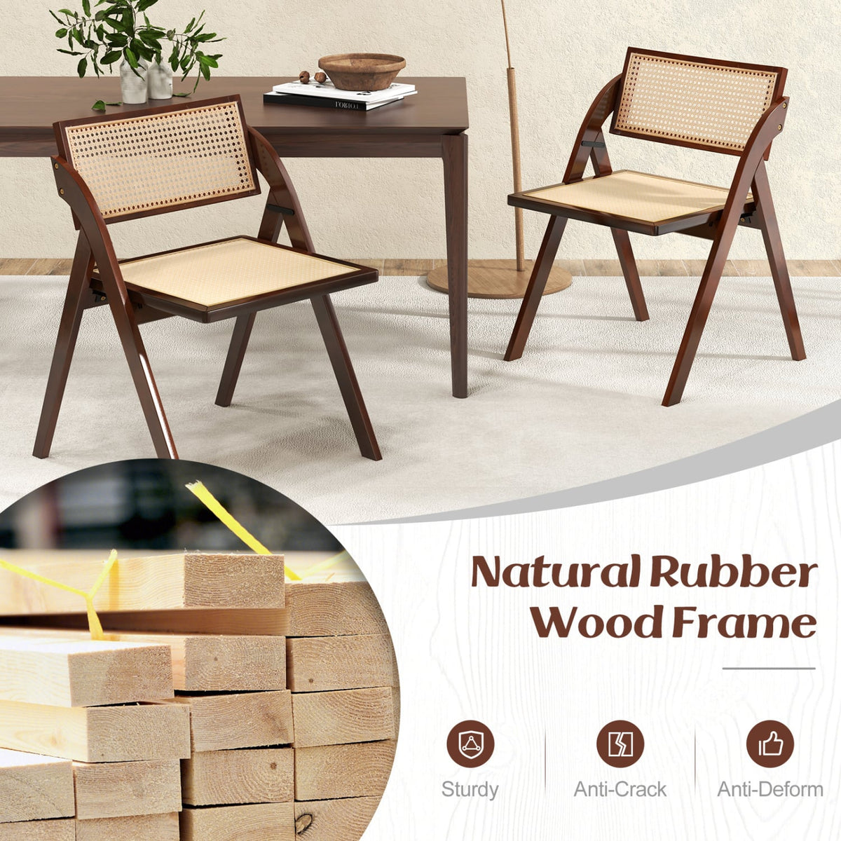 Set of 4 Foldable Dining Chairs with Woven Rattan Backrest-Brown-Dining Chairs-DECOROLALA