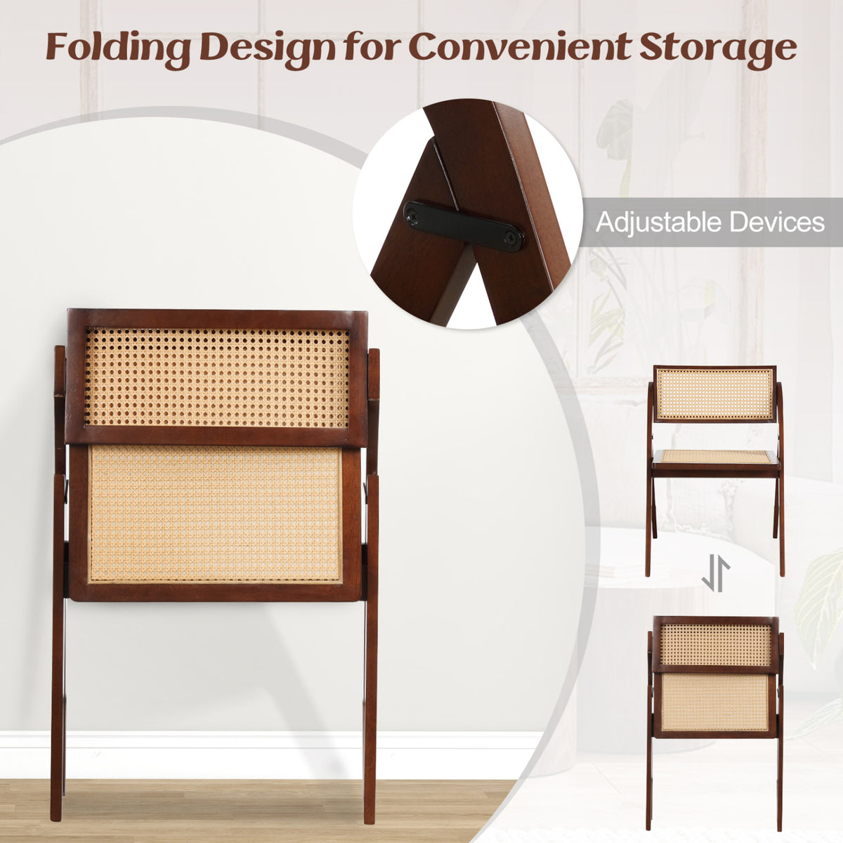Set of 4 Foldable Dining Chairs with Woven Rattan Backrest-Brown-Dining Chairs-DECOROLALA