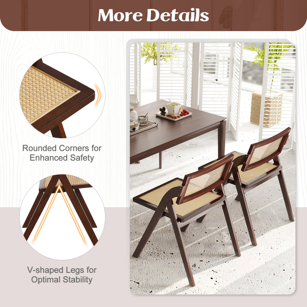 Set of 4 Foldable Dining Chairs with Woven Rattan Backrest-Brown-Dining Chairs-DECOROLALA