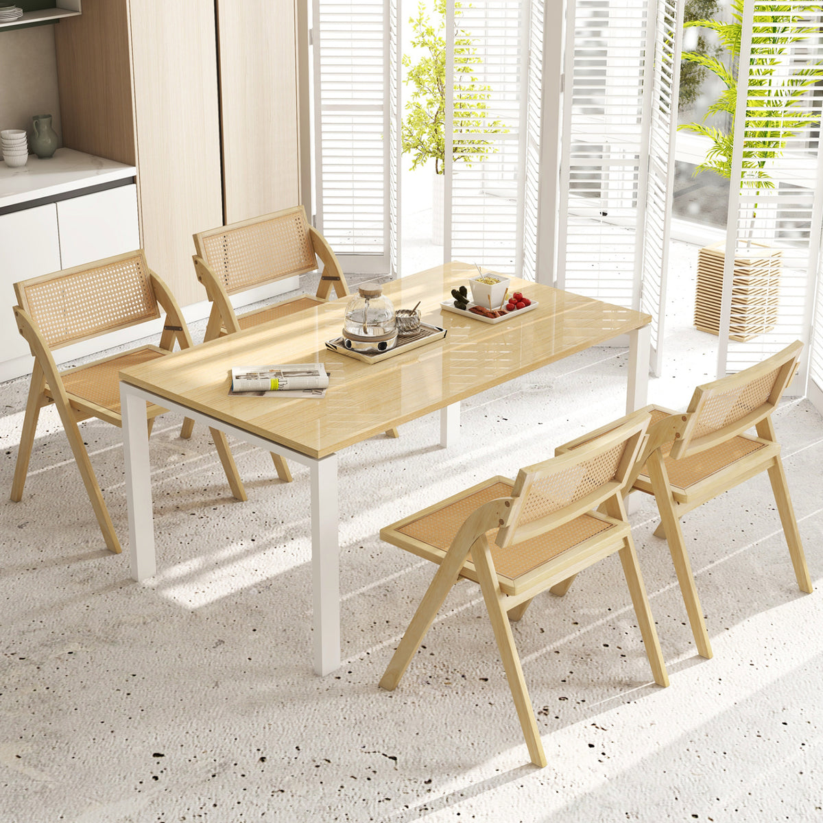Set of 4 Foldable Dining Chairs with Woven Rattan Backrest-Natural-Dining Chairs-DECOROLALA