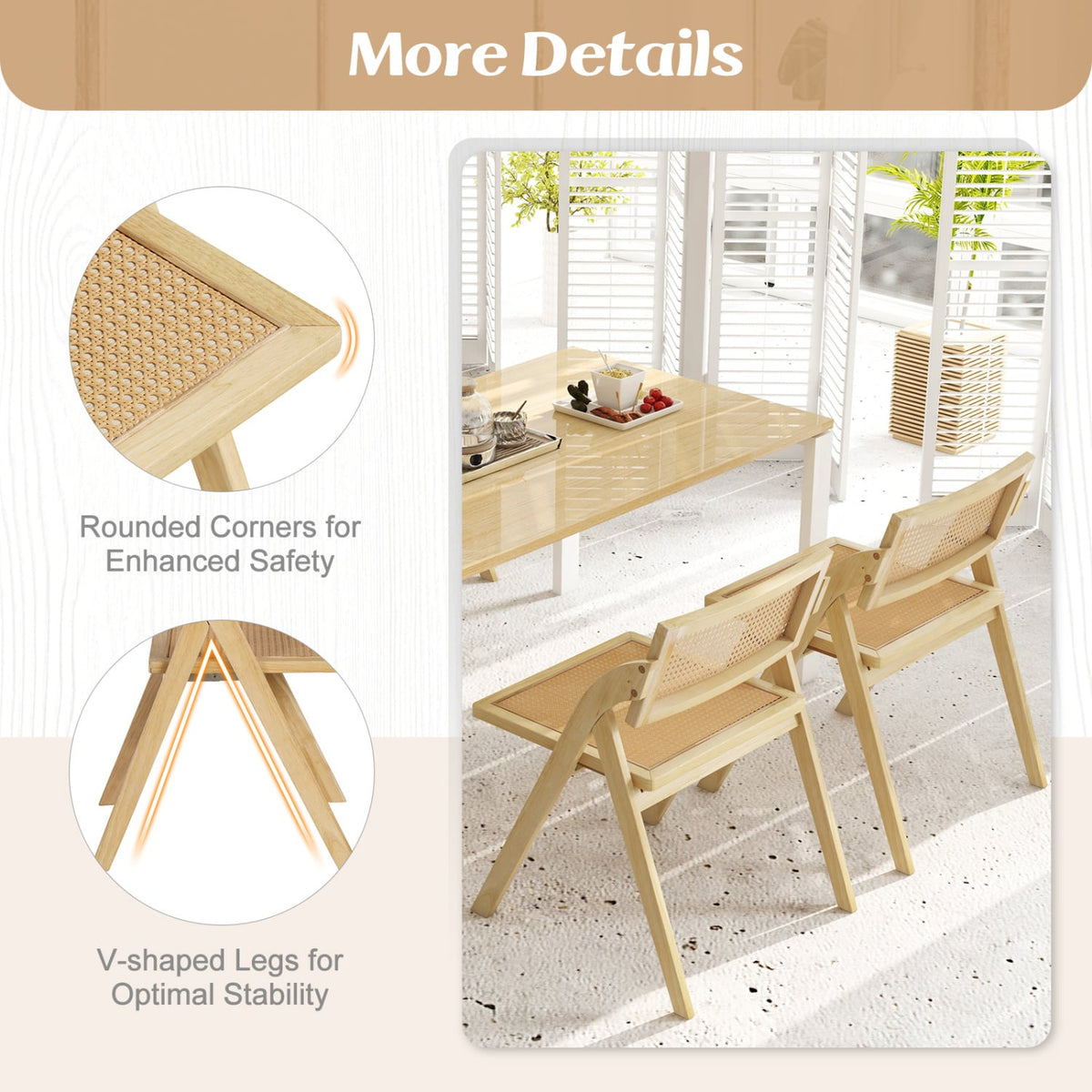 Set of 4 Foldable Dining Chairs with Woven Rattan Backrest-Natural-Dining Chairs-DECOROLALA