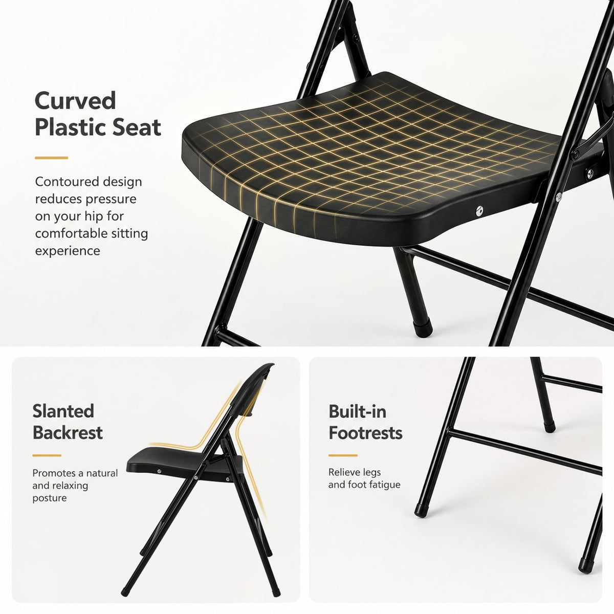 Set of 4 Foldable Plastic Chairs with Ergonomic Backrest-Black-Dining Chairs-DECOROLALA