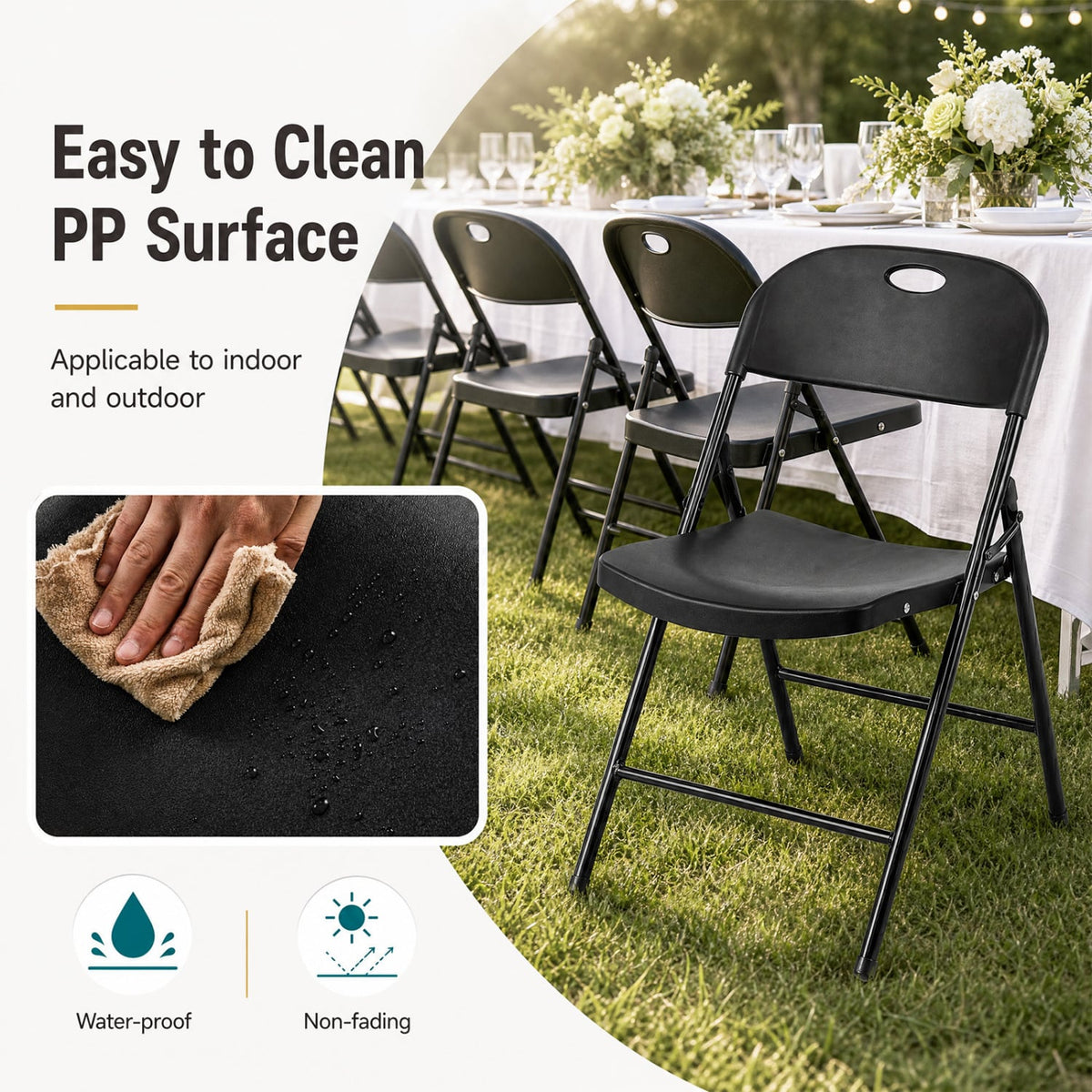 Set of 4 Foldable Plastic Chairs with Ergonomic Backrest-Black-Dining Chairs-DECOROLALA