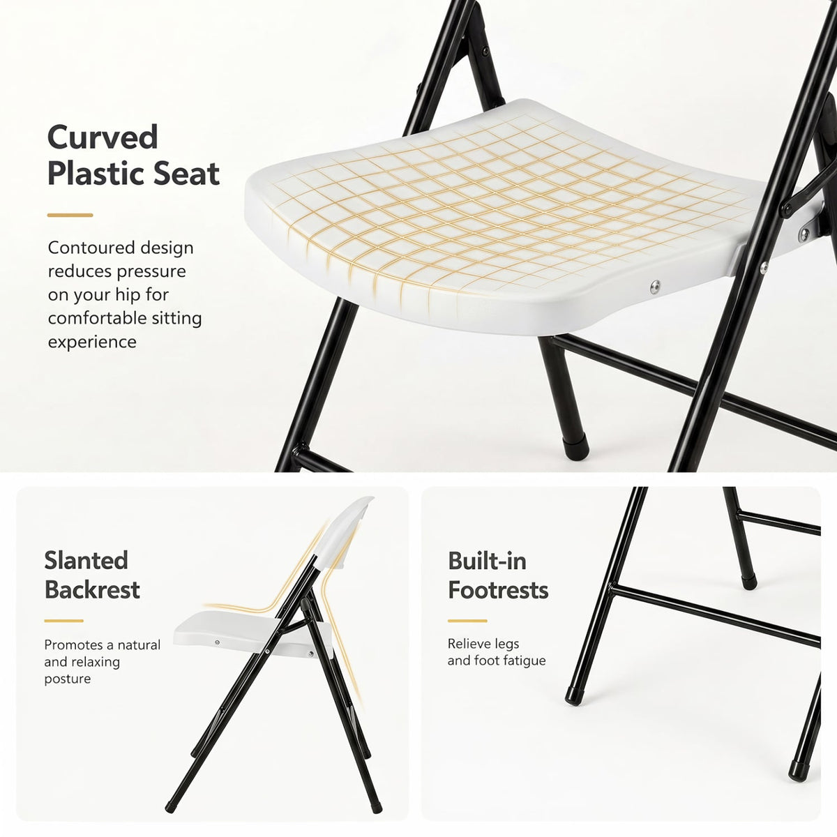 Set of 4 Foldable Plastic Chairs with Ergonomic Backrest-White-Dining Chairs-DECOROLALA
