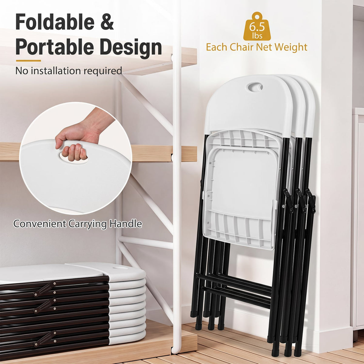 Set of 4 Foldable Plastic Chairs with Ergonomic Backrest-White-Dining Chairs-DECOROLALA