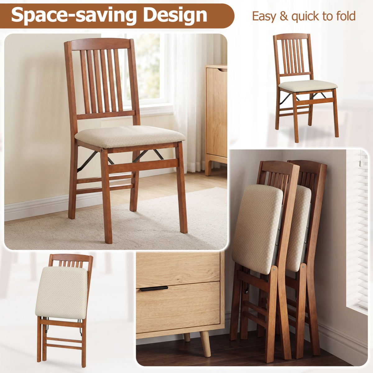 Set of 4 Foldable Upholstered Kitchen Chairs with Padded Seat-Beige-Dining Chairs-DECOROLALA