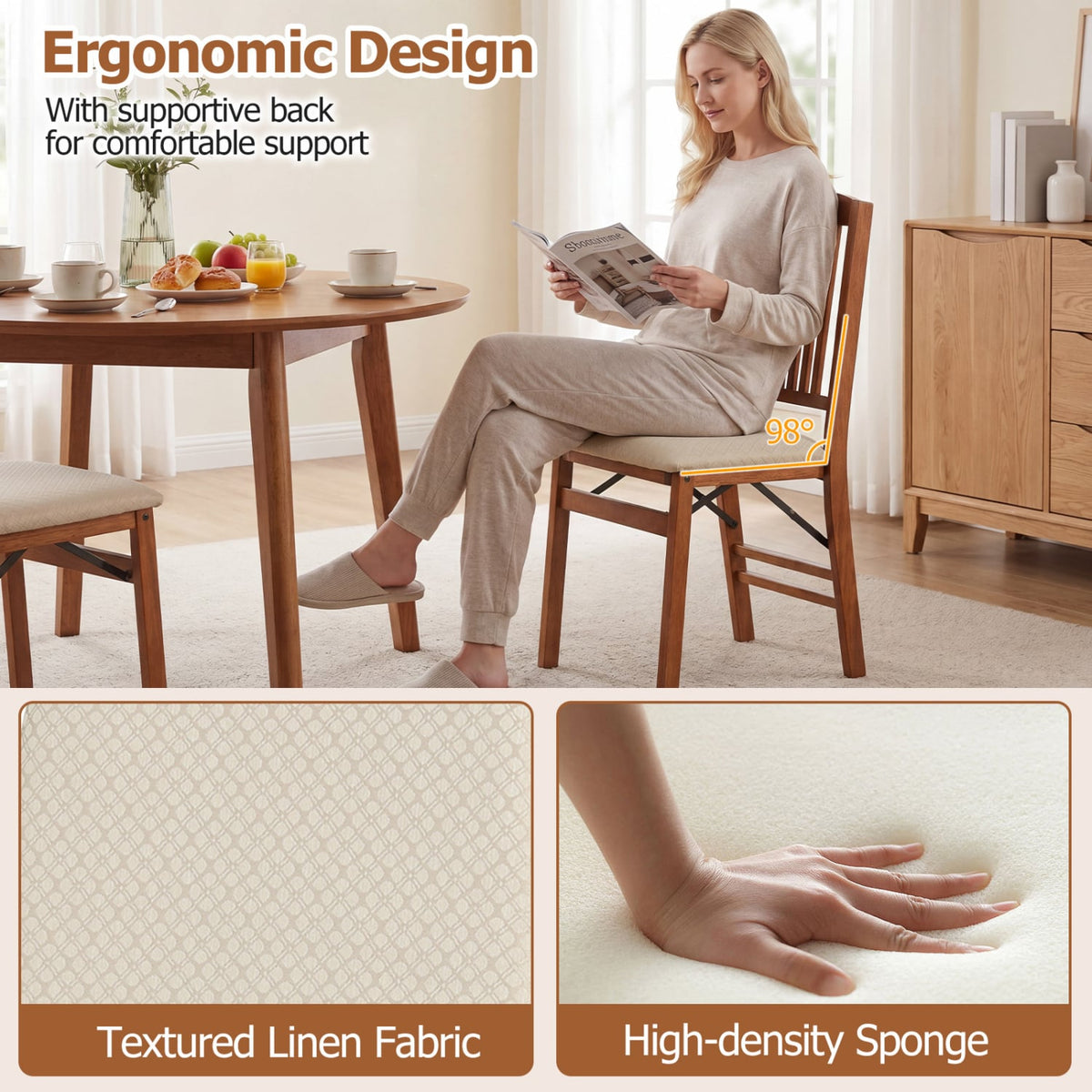 Set of 4 Foldable Upholstered Kitchen Chairs with Padded Seat-Beige-Dining Chairs-DECOROLALA
