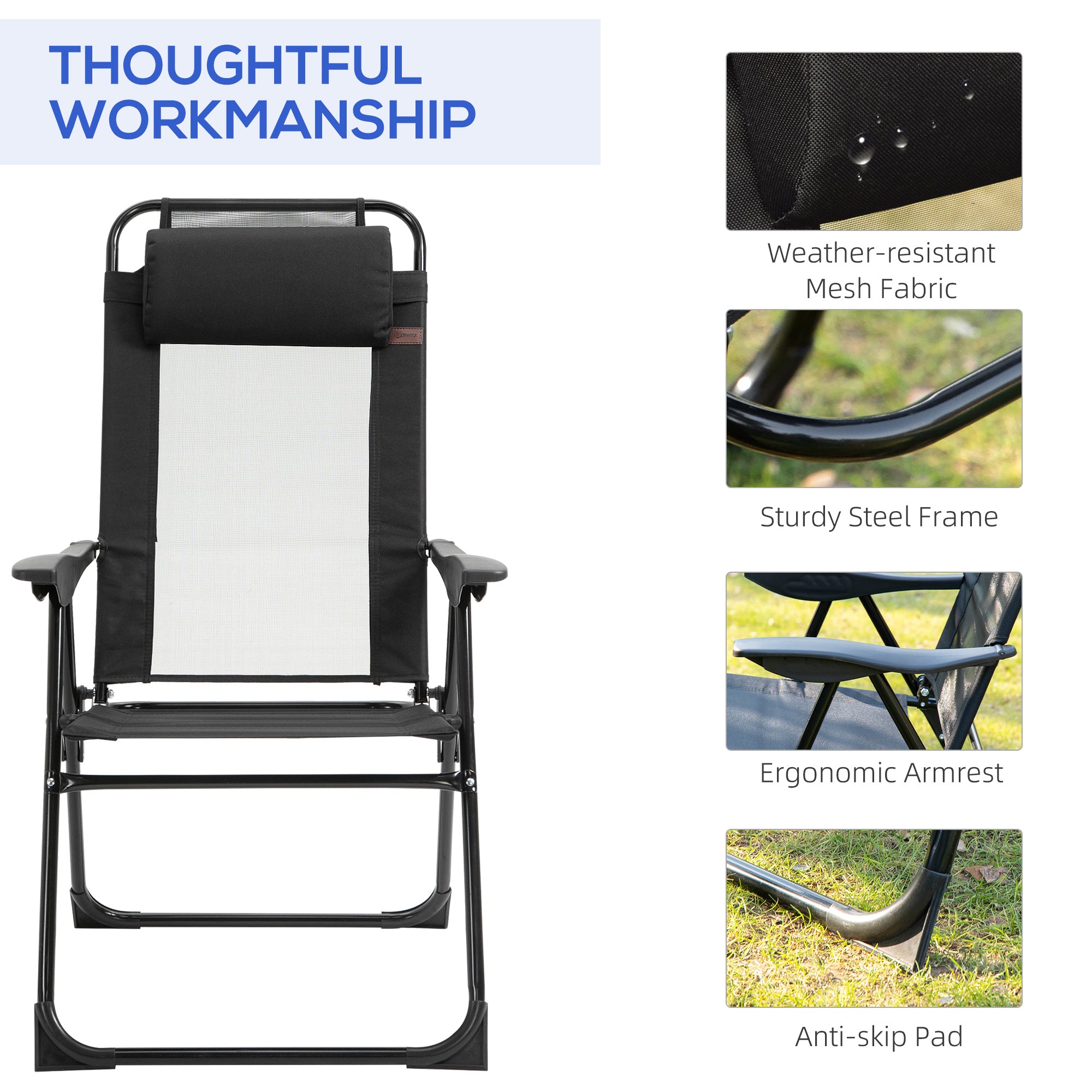 Set of 4 Folding Camping Chairs - 5-Level Adjustable Black-DECOROLALA