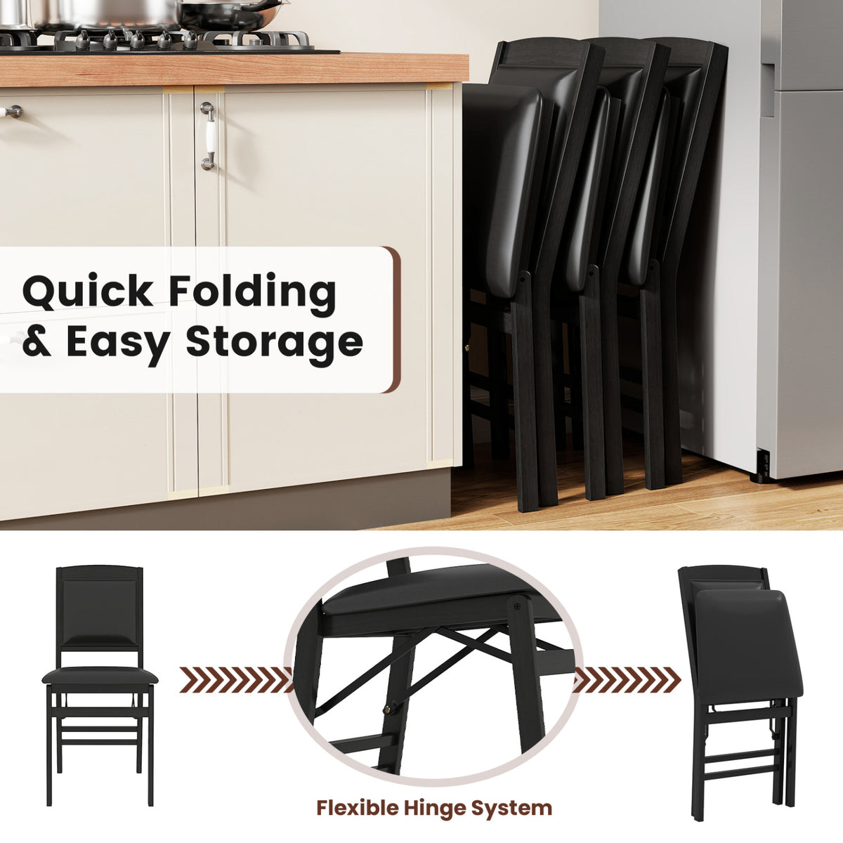 Set of 4 Folding Dining Chairs with Padded Seat and High Backrest-Black-Dining Chairs-DECOROLALA