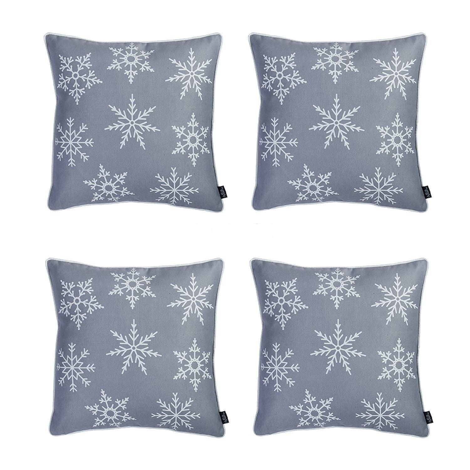 Set of 4 Gray and White Snowflakes Throw Pillows-Accent Throw Pillows-DECOROLALA