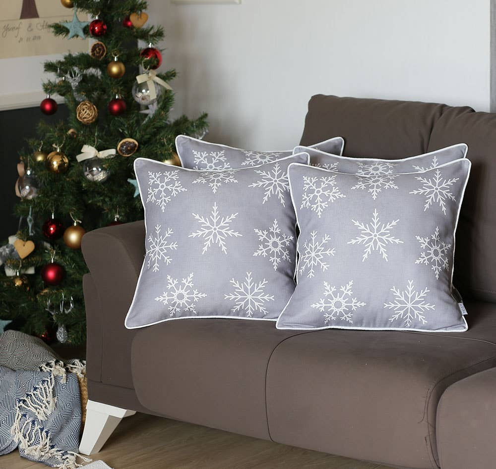 Set of 4 Gray and White Snowflakes Throw Pillows-Accent Throw Pillows-DECOROLALA