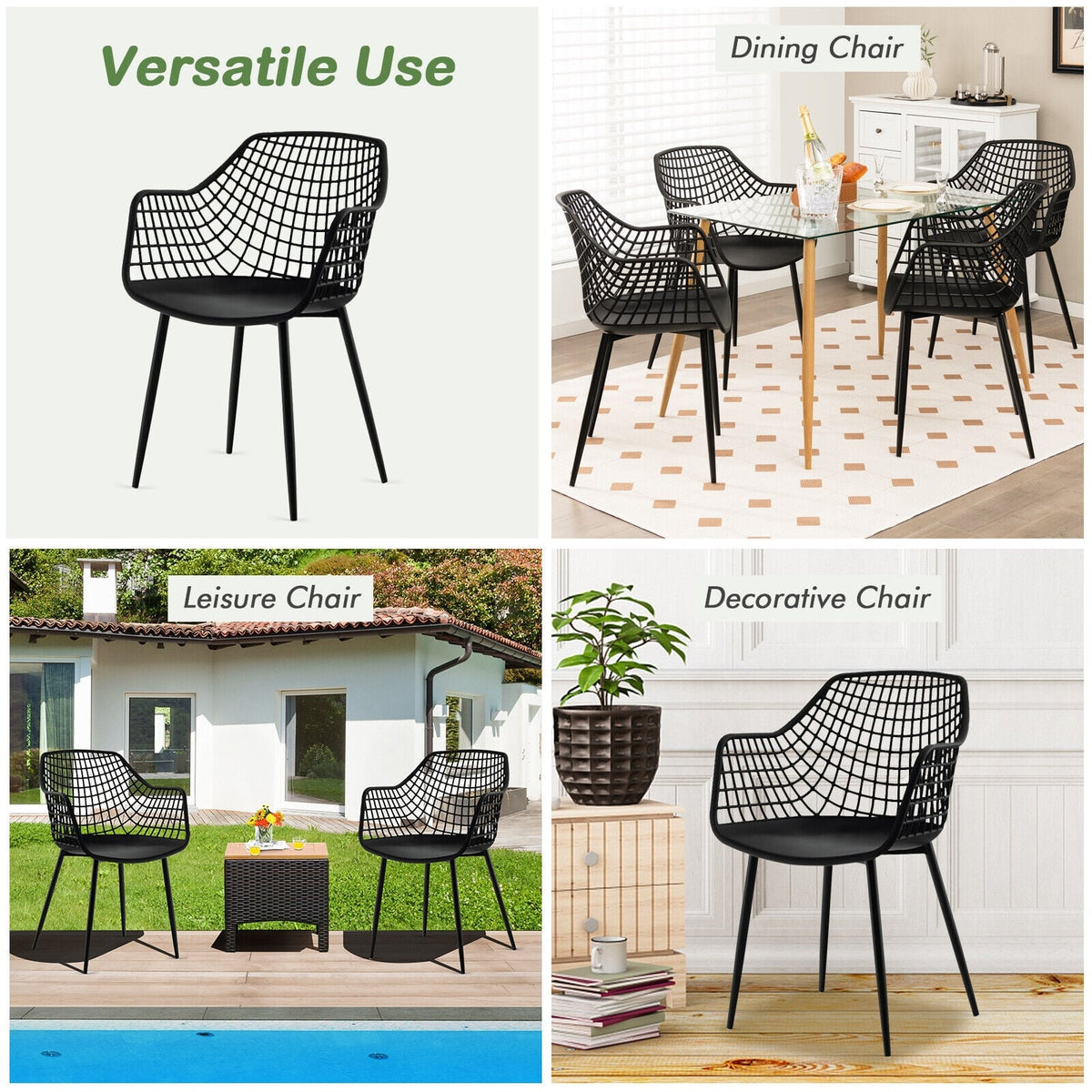 Set of 4 Heavy Duty Modern Dining Chair with Airy Hollow Backrest-Black-Dining Chairs-DECOROLALA