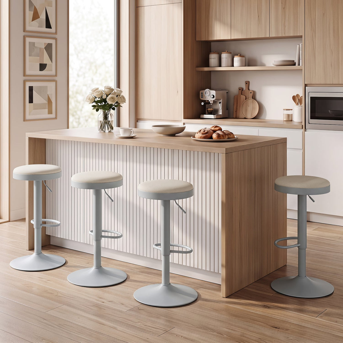 Set of 4 Kitchen Bar Stools with Height Adjustment Padded Seat and D-Shaped Footrest-Gray-Bar Stools-DECOROLALA