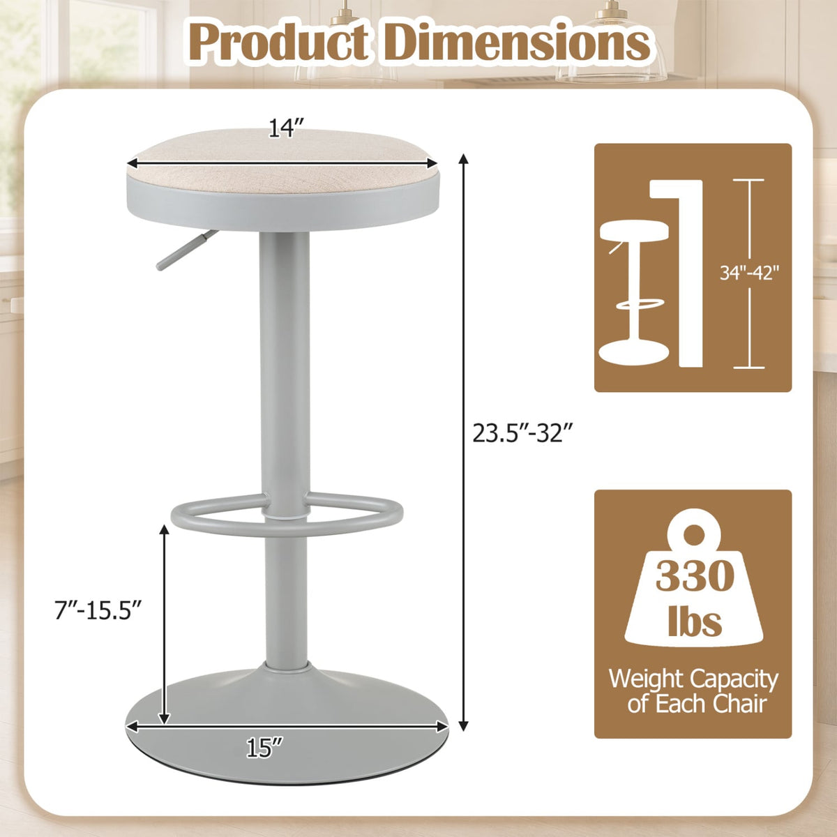 Set of 4 Kitchen Bar Stools with Height Adjustment Padded Seat and D-Shaped Footrest-Gray-Bar Stools-DECOROLALA