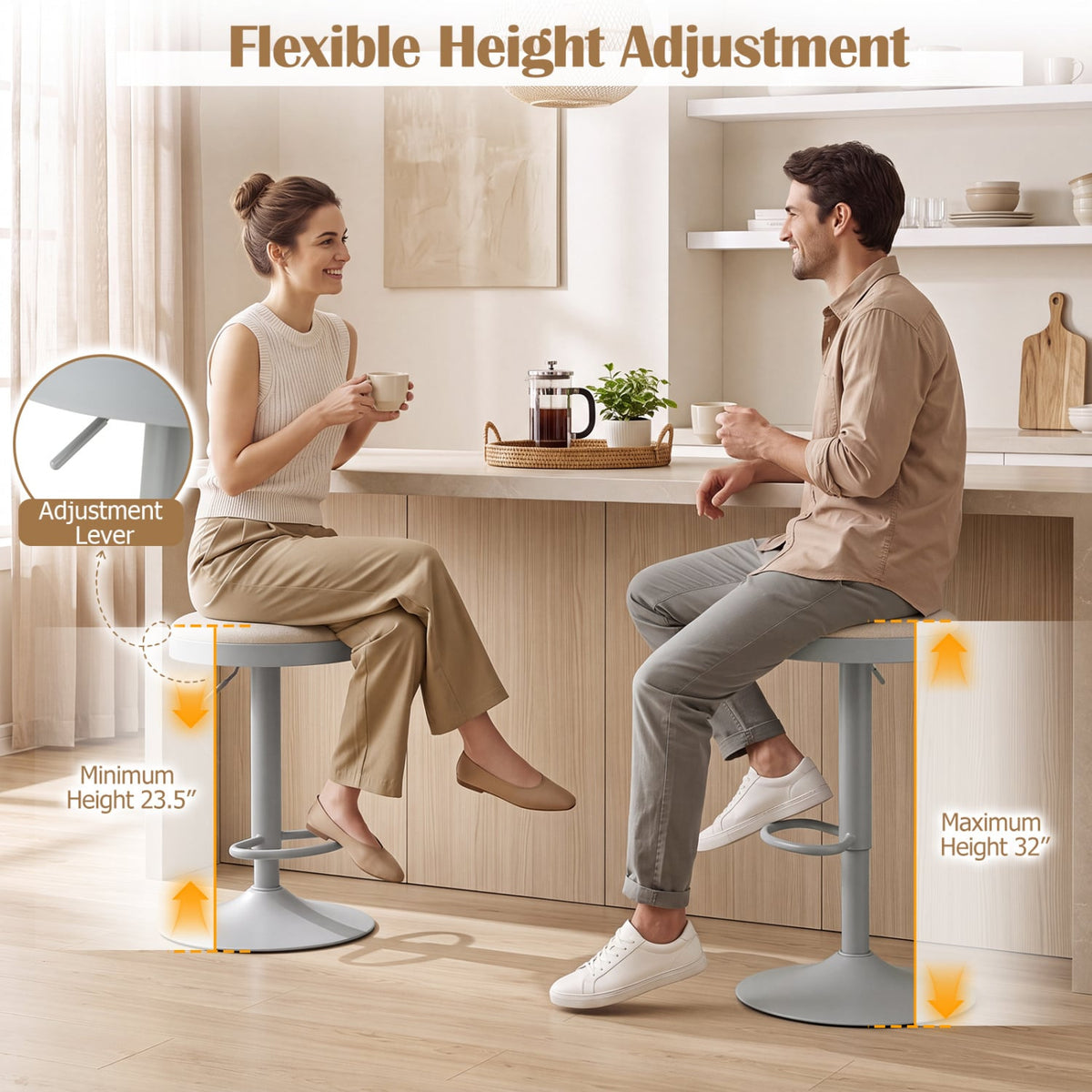 Set of 4 Kitchen Bar Stools with Height Adjustment Padded Seat and D-Shaped Footrest-Gray-Bar Stools-DECOROLALA