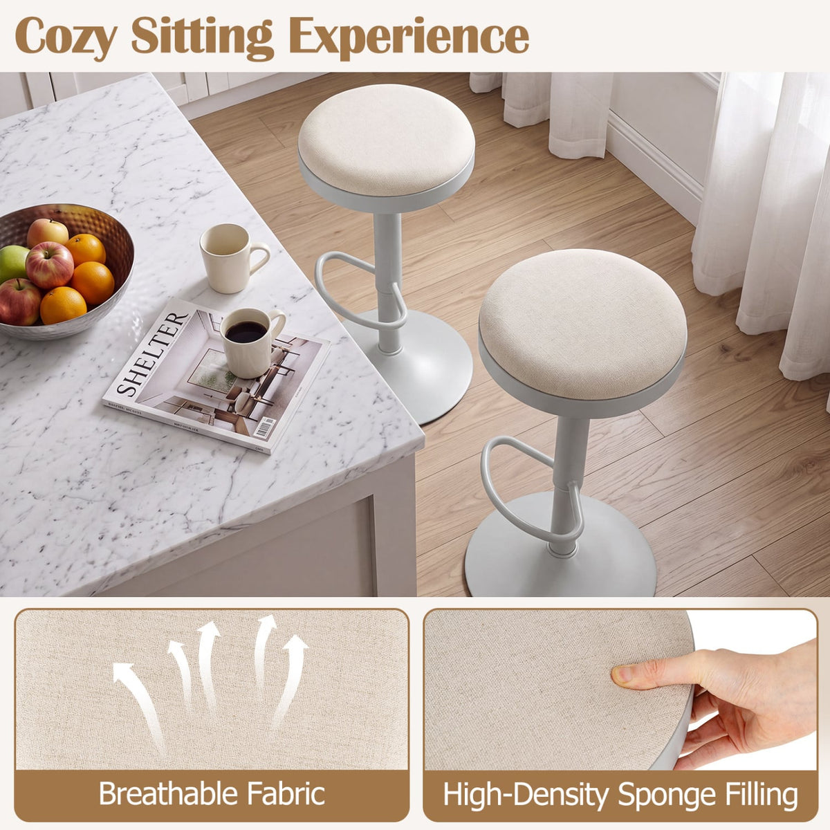 Set of 4 Kitchen Bar Stools with Height Adjustment Padded Seat and D-Shaped Footrest-Gray-Bar Stools-DECOROLALA