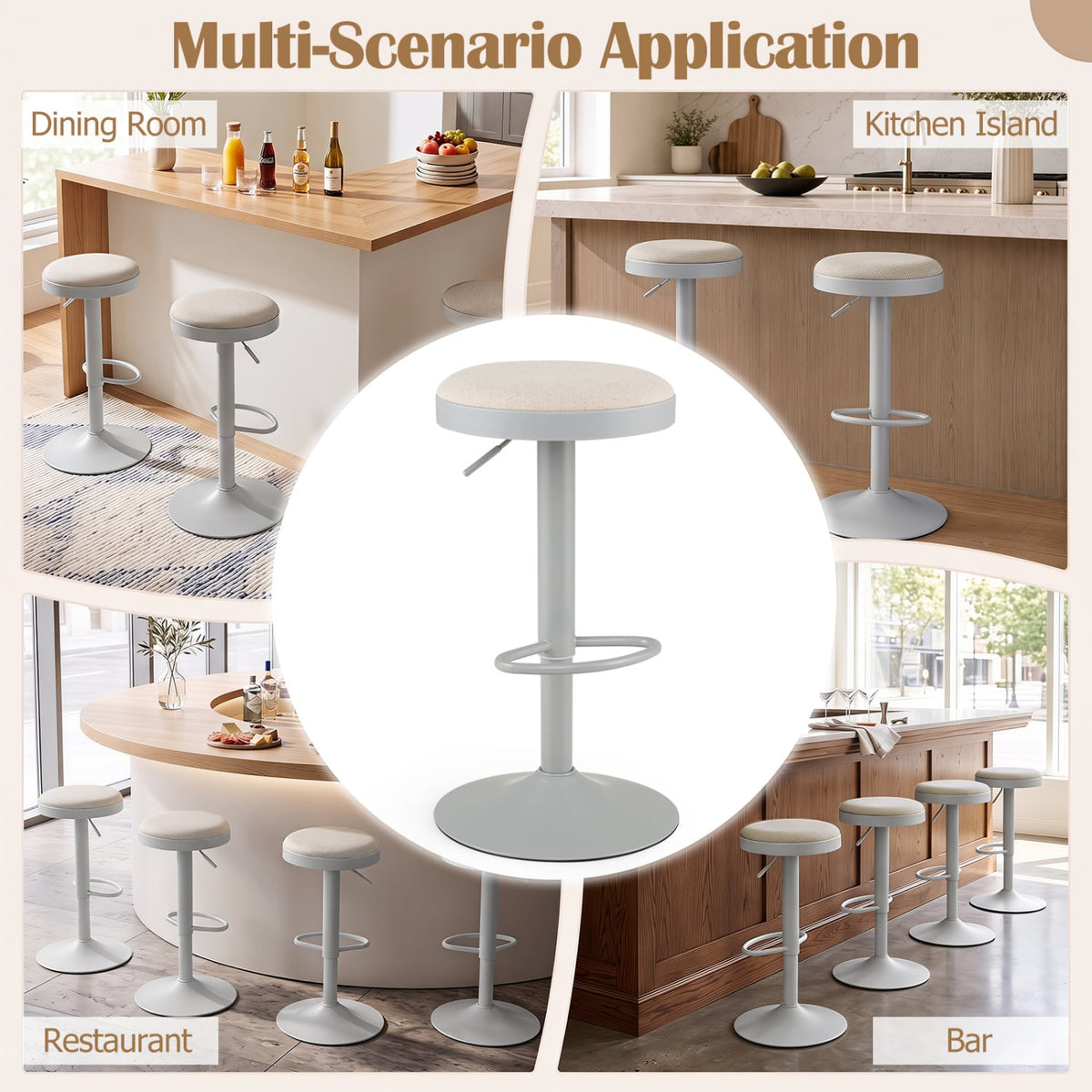Set of 4 Kitchen Bar Stools with Height Adjustment Padded Seat and D-Shaped Footrest-Gray-Bar Stools-DECOROLALA