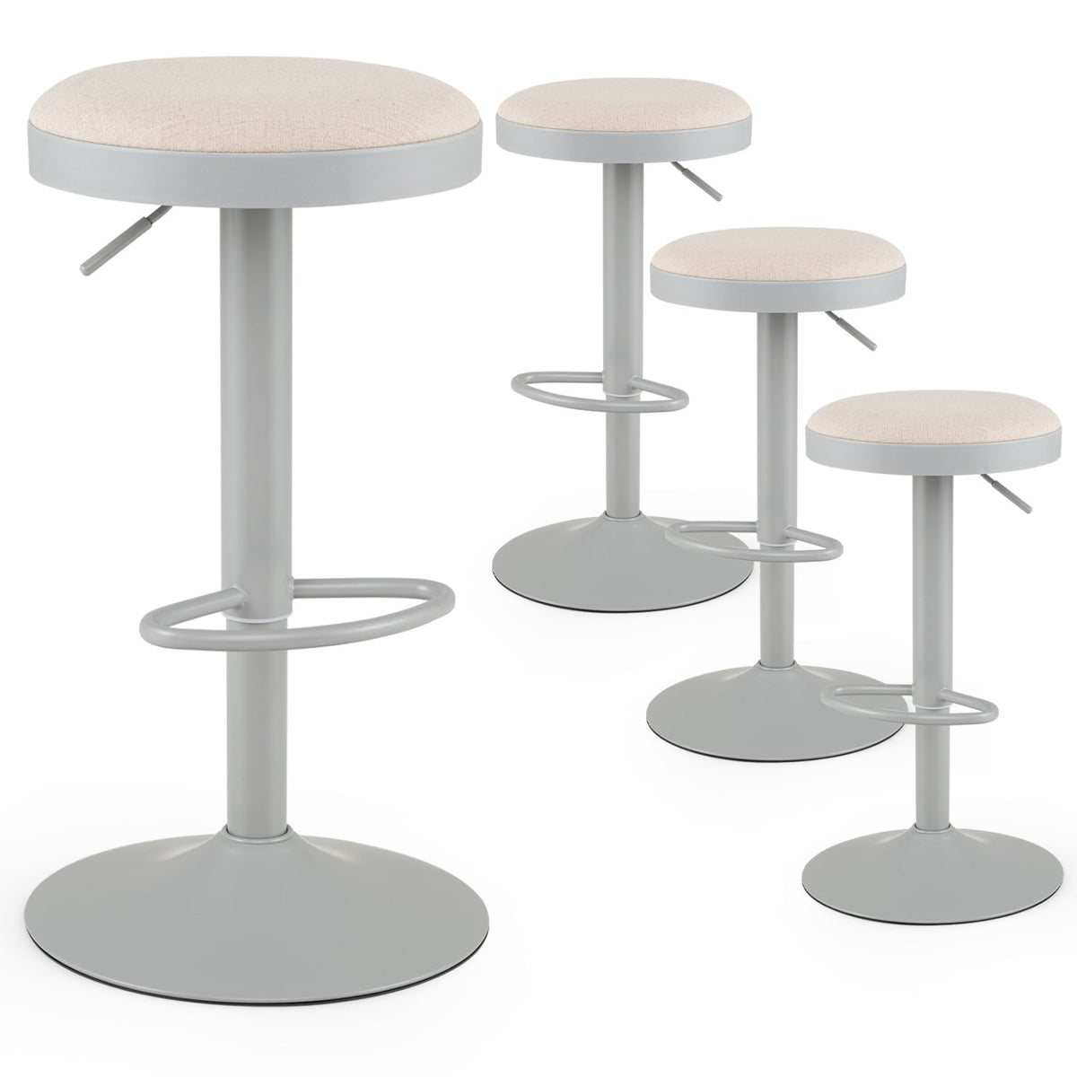 Set of 4 Kitchen Bar Stools with Height Adjustment Padded Seat and D-Shaped Footrest-Gray-Bar Stools-DECOROLALA