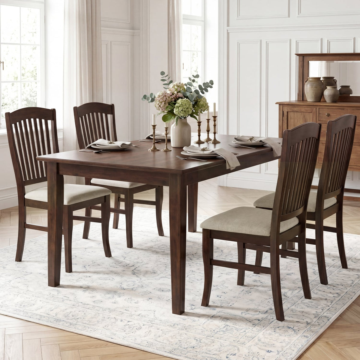 Set of 4 Kitchen Side Chairs with Rubber Wood Frame and Comfy Padded Seat-Brown & White-Dining Chairs-DECOROLALA