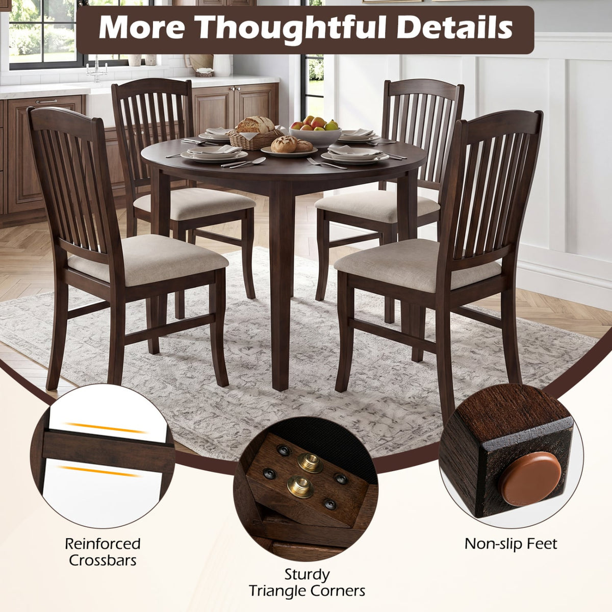Set of 4 Kitchen Side Chairs with Rubber Wood Frame and Comfy Padded Seat-Brown & White-Dining Chairs-DECOROLALA
