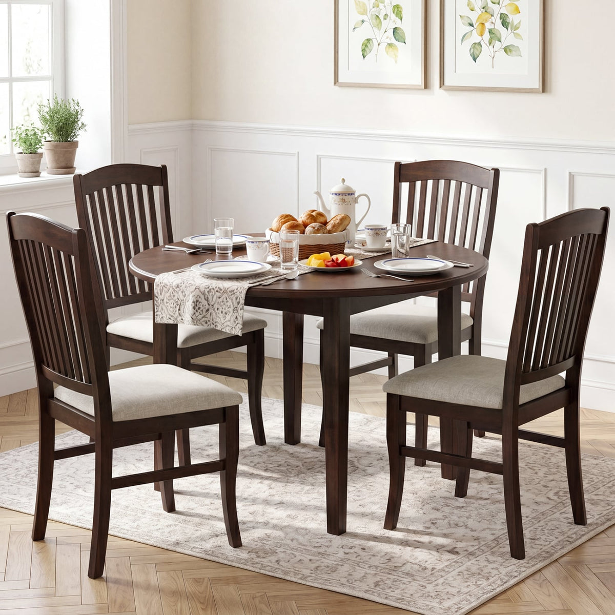 Set of 4 Kitchen Side Chairs with Rubber Wood Frame and Comfy Padded Seat-Brown & White-Dining Chairs-DECOROLALA