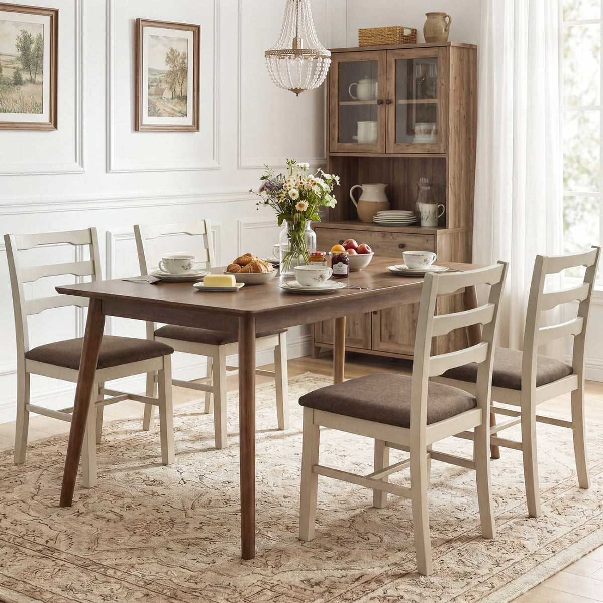 Set of 4 Linen Style Upholstered Dining Chairs with Wood Frames-White-Dining Chairs-DECOROLALA