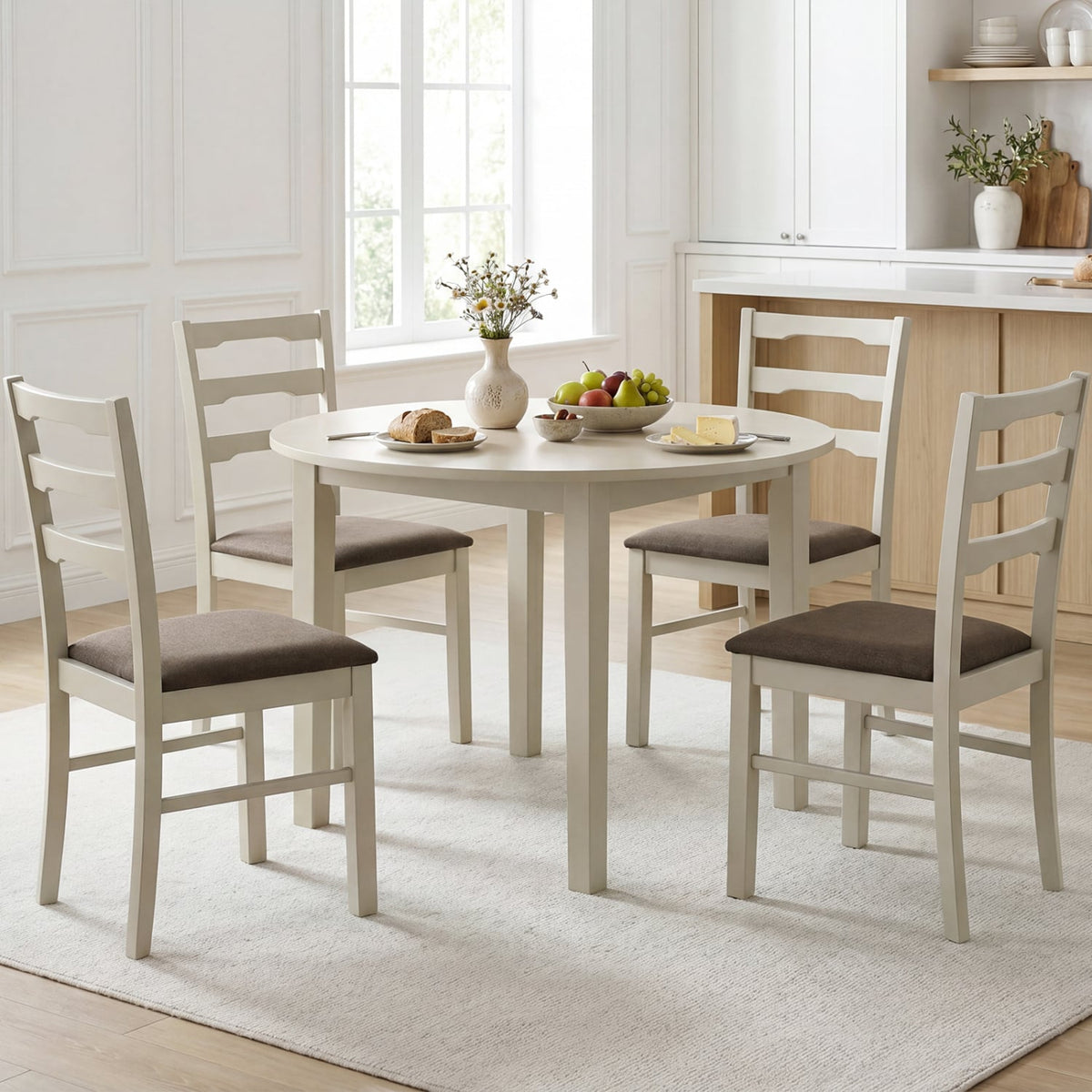 Set of 4 Linen Style Upholstered Dining Chairs with Wood Frames-White-Dining Chairs-DECOROLALA