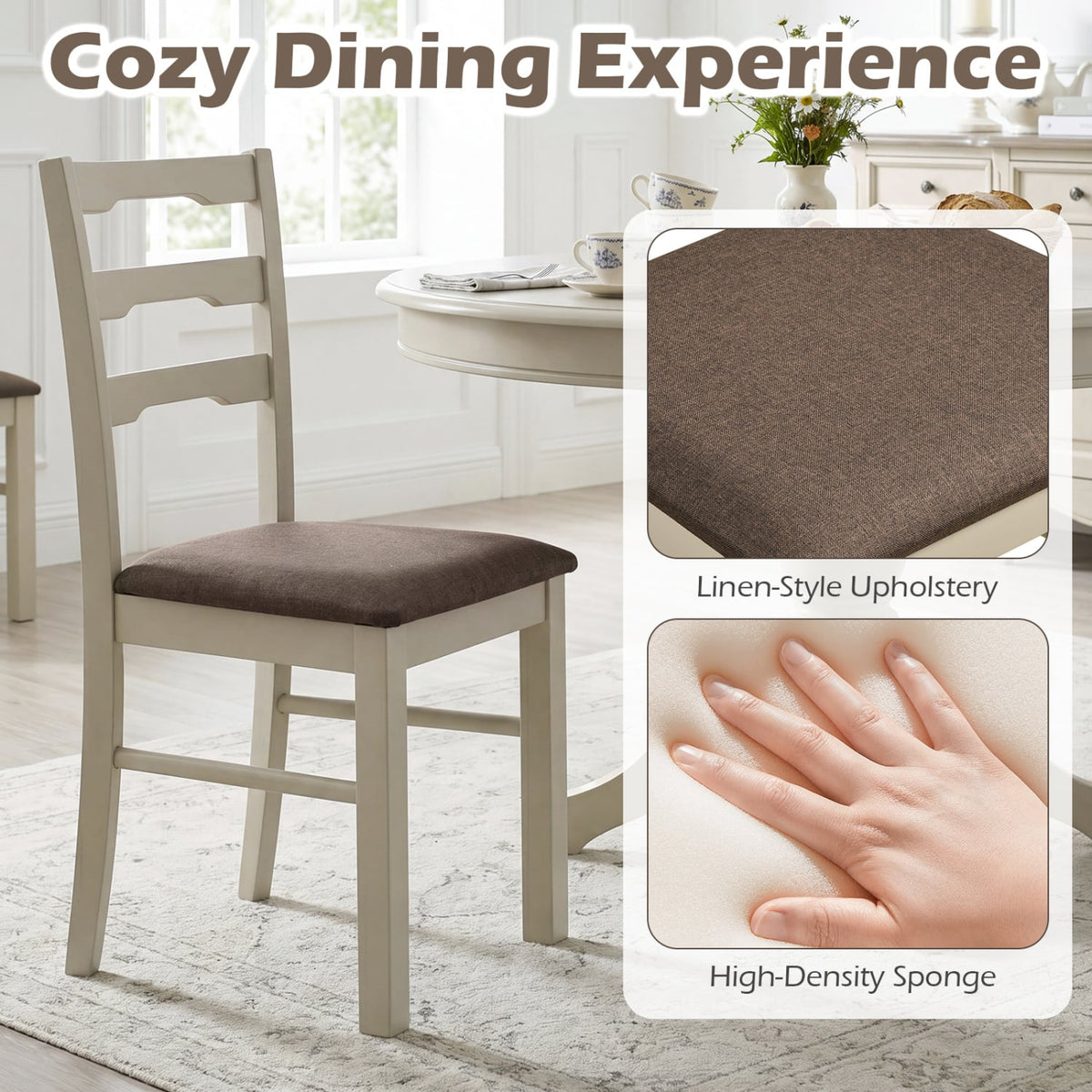 Set of 4 Linen Style Upholstered Dining Chairs with Wood Frames-White-Dining Chairs-DECOROLALA